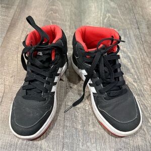 Adidas Black Sneakers with Red Lining and White Stripes
